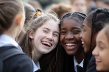 A group of young students in uniform laugh together in a British school, moments of joy and friendship