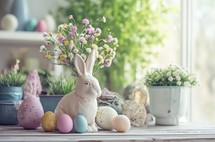 Ceramic Easter bunny and pastel-colored eggs with a bouquet of fresh spring flowers, an idyllic setting for Easter celebrations