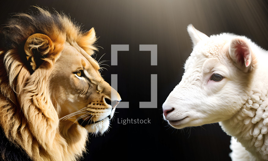 Generative AI image of a Majestic Lion and a Lamb on a Black Background
