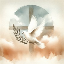 White dove with olive branch on the background of the Christian cross.