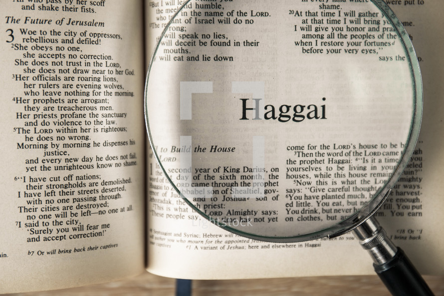 magnifying glass over Bible - Haggai 