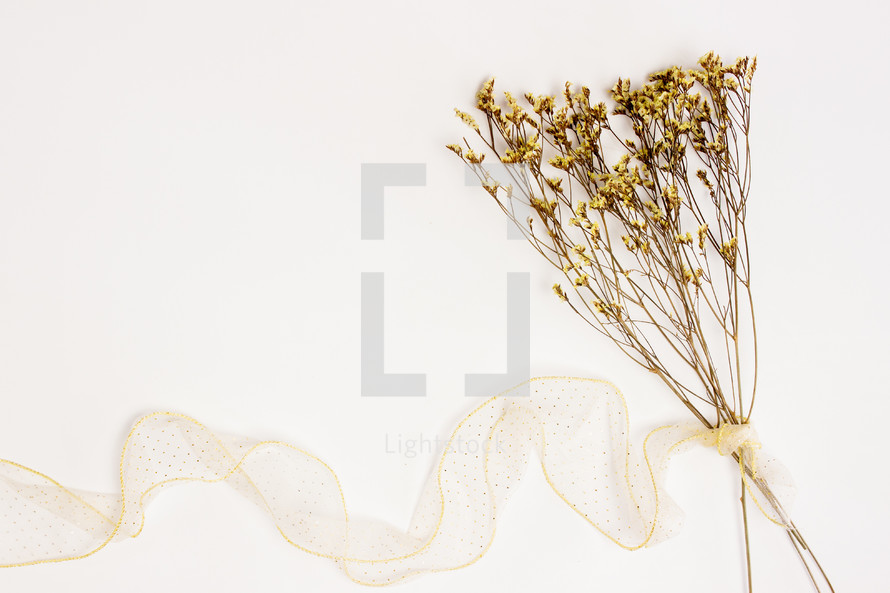 dried flowers with yellow ribbon on white 