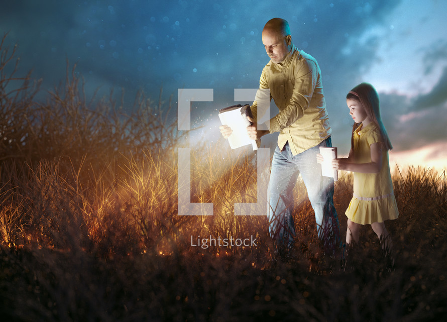 A father and daughter walk through a thick landscape and using their Bible as a light.