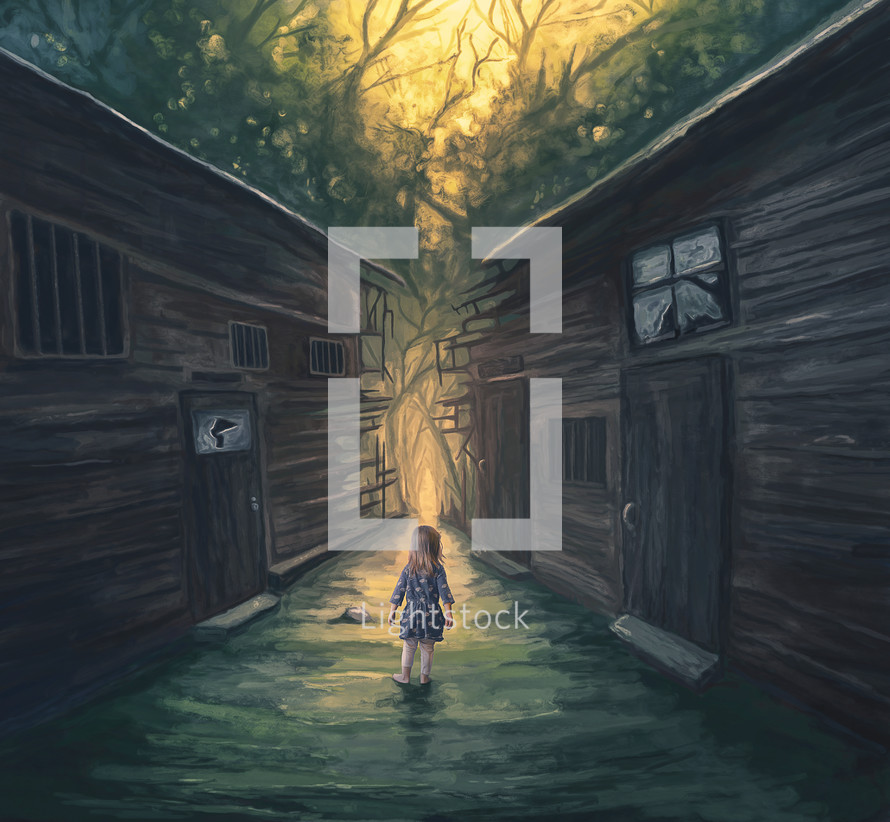 A little girl approaches a pathway through broken homes