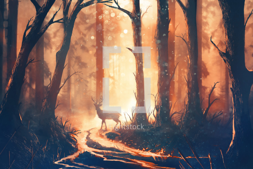 Digital illustration of a deer in a forest with warm colors