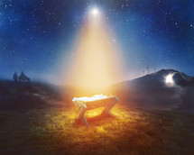 Star shining down on Jesus' manger in between scenes depicting birth, death, and resurrection