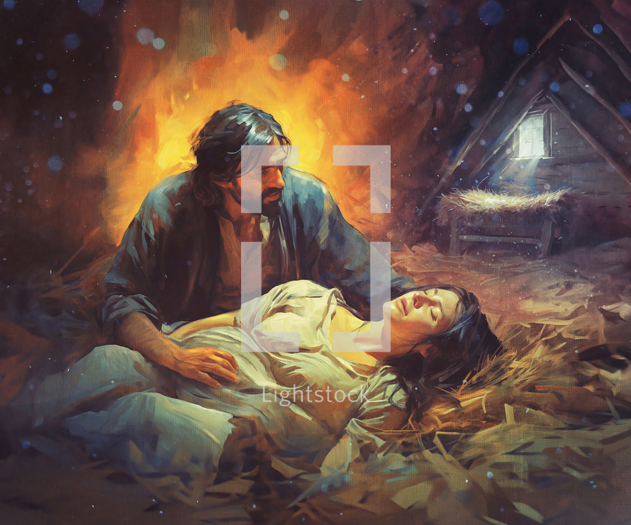 Joseph and Mary in the stable before Jesus is born