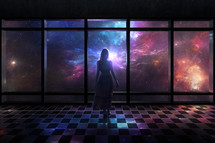 fantasy, woman, standing, staring into space, space, magical, space, heaven