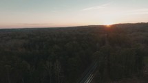 aerial view over a road at sunset 