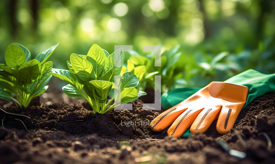 Close Up of a Garden with Fresh Plants and Orange Gardening Gloves