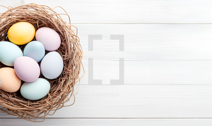 A Birds Next Filled with Eggs on a Wooden Table with Copy Space