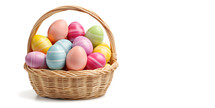 Easter Eggs in a Wooden Basket Isolated on a White Background