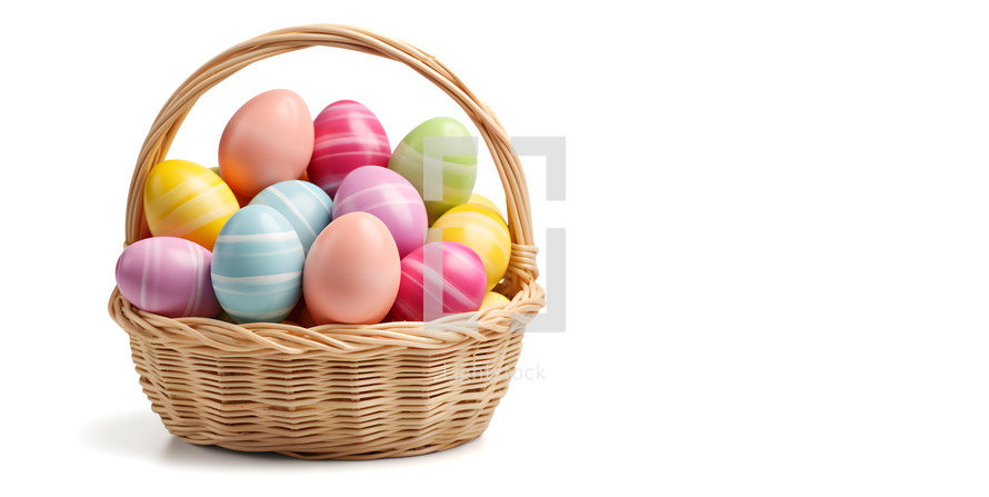 Easter Eggs in a Wooden Basket Isolated on a White Background
