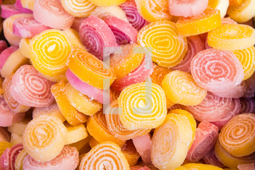 Close up Delicious Spiral Gelatin Sweets. Top view
