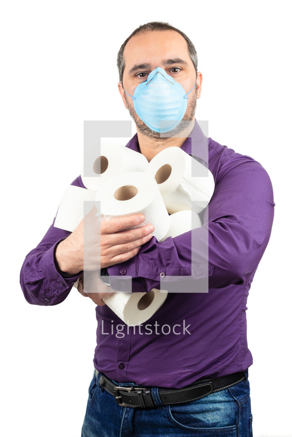 man with medical mask and toilet paper on white background