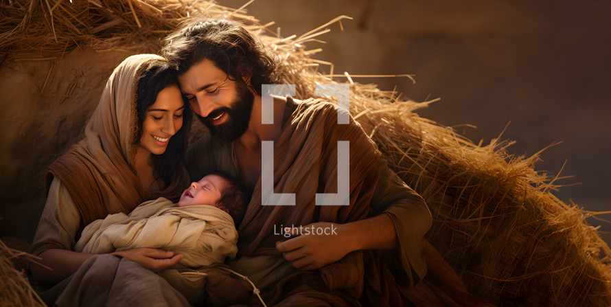 AI Image of Mary and Joseph Holding Baby Jesus after He was Born in Bethlehem  