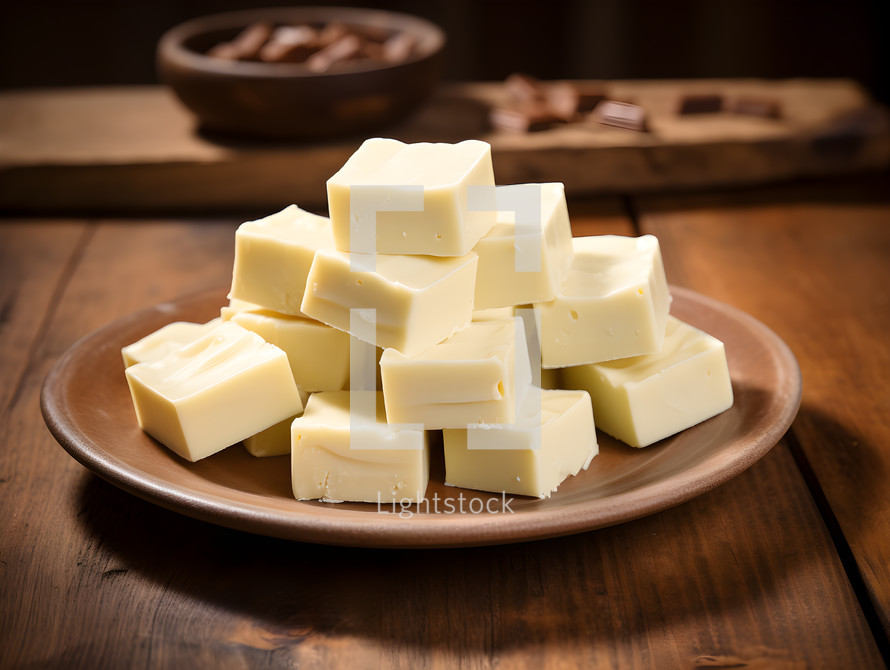 A Plate of White CHocolate Fudge on a Wooden Table