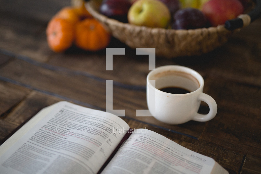 pumpkins, coffee mug, mug, basket, plums, apples, pages, Bible, open Bible