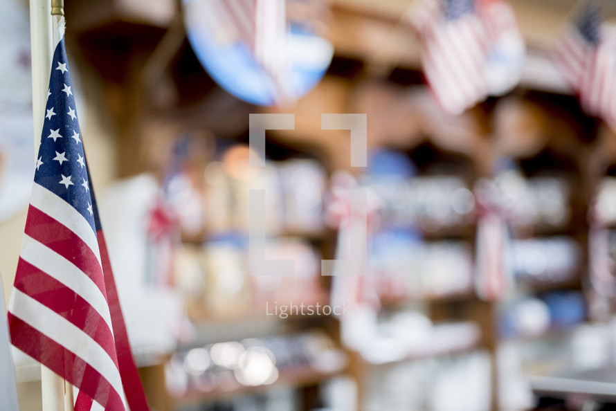 American flags in a shop 