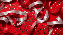 Red New Year's background with ribbons and silver confetti.