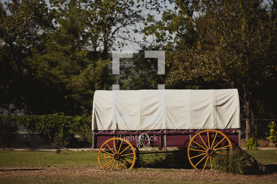 Covered wagon in park.