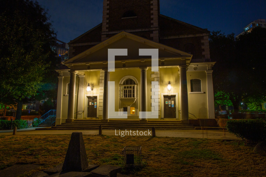 lights on a city church 