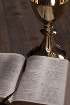 A golden communion goblet and a Bible open to Psalms.