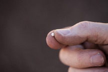 hand holding up a mustard seed 