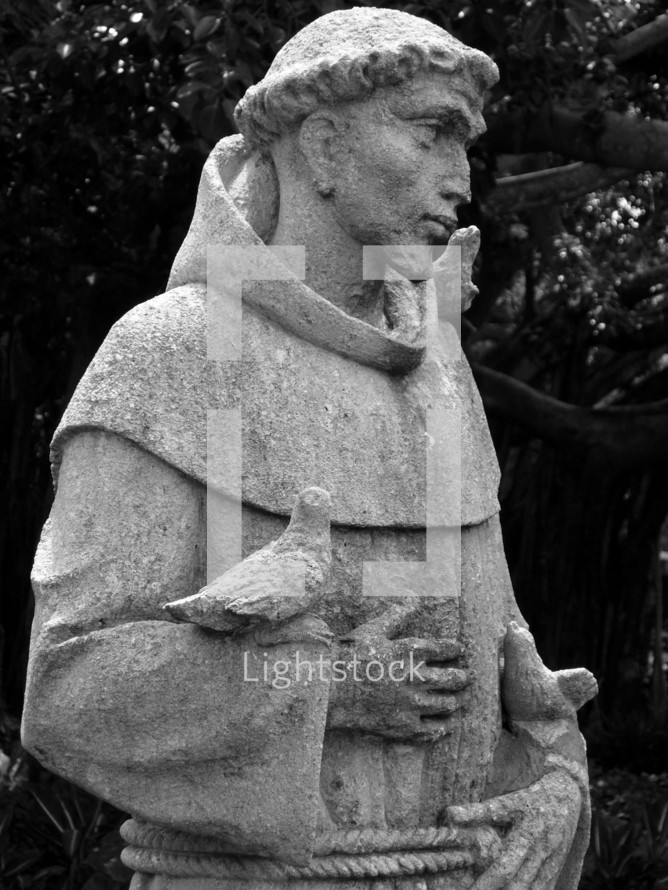 A statue of Saint Francis, the patron saint to the animals that ministered to birds and animals and wildlife. 