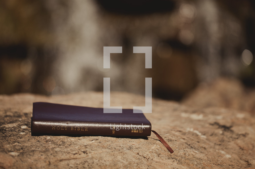 Bible lying on top of rock.