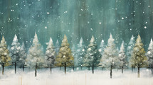 Painted starry night sky with snowfall and snowy trees. 