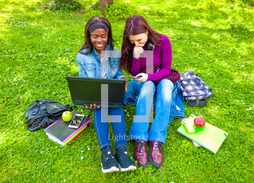 Friends looking at a computer in a park