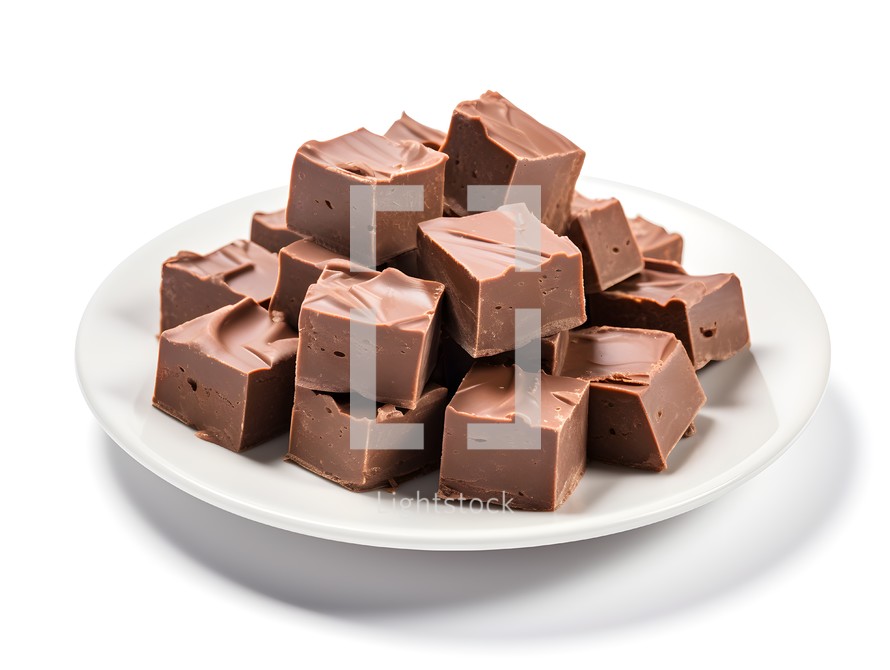 Plate Filled with Traditional Milk Chocolate Fudge Isolated on a White Background
