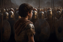 Battle scene of boy facing a giant enemy  army of soldiers either opposing him or following him as their new leader.