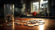 Coins laying on a desk at home. 