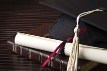 cap, tassel, graduation, Bible, diploma