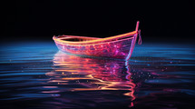 Old boat made of neon lights on water. 