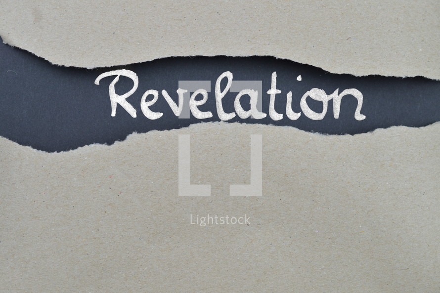 word revelation exposed under gray torn paper - torn open kraft paper over dark red paper with the name of the book: revelation, 