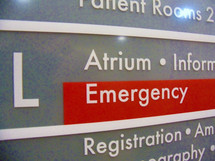 A Hospital Directory sign with the Emergency room highlighted in red along with a directory of other hospital services and locations. 
