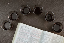 communion cups and open Bible 