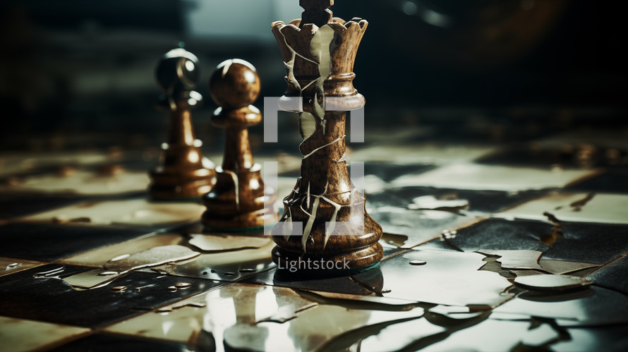 Conceptual image of king chess piece breaking apart. 
