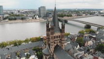 Cologne Cathedral along the shore of the Rhine River in Germany.