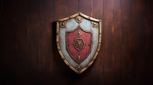 Red and white shield hanging on a wood wall. 