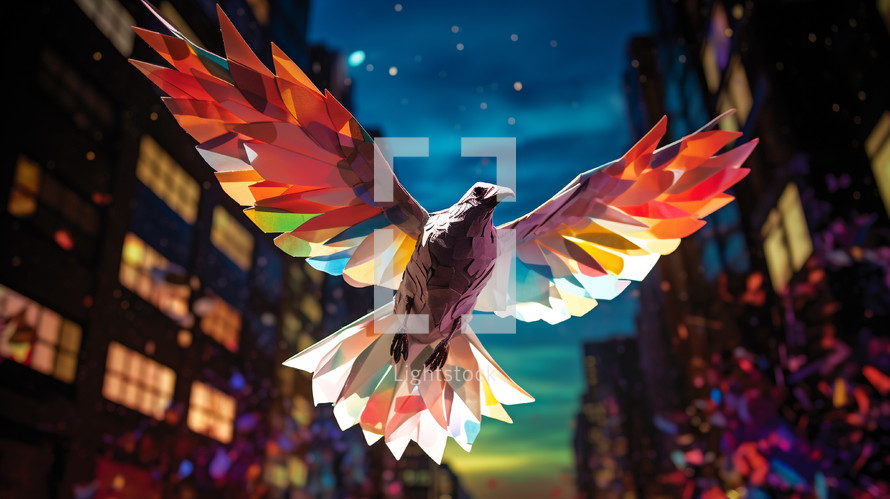 Colorful paper machete dove in flight in a city. 