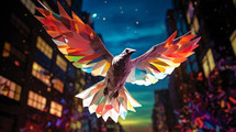 Colorful paper machete dove in flight in a city. 