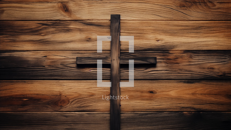 Wooden cross on a wood background.