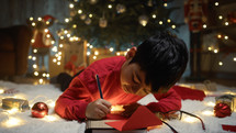 Kid writing Christmas letter for santa Claus 