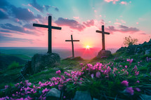 The three crosses on the hill of Golgotha at Sunset surrounded by flowers