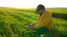 Businessman man sits on grass in field and solves business issues with delivery goods through a digital tablet. Sale natural grown agriculture. Farmer in special clothes in countryside. Healthy eat.