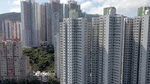 Aerial drone view of tall buildings and skyscrapers in the Aberdeen housing district. Hong Kong. 